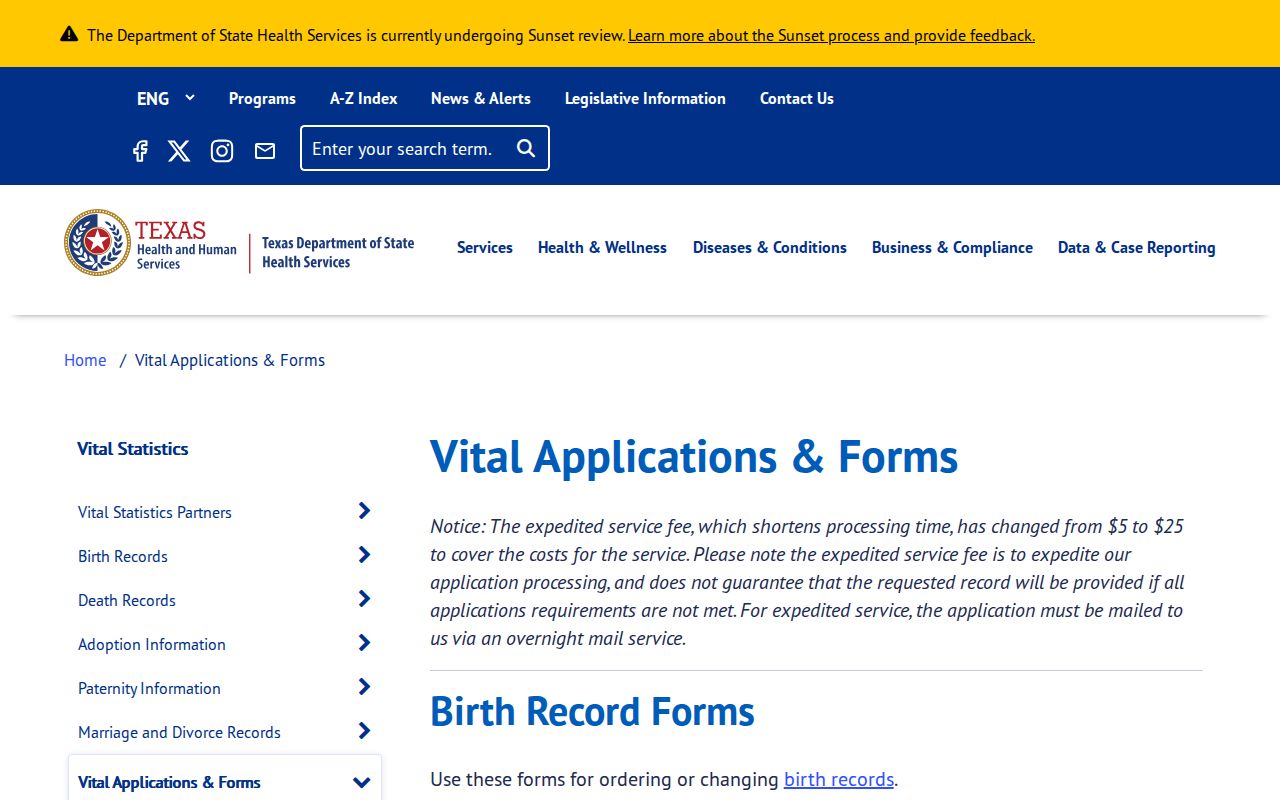 Haltom City residents directory Texas DSHS vital record forms